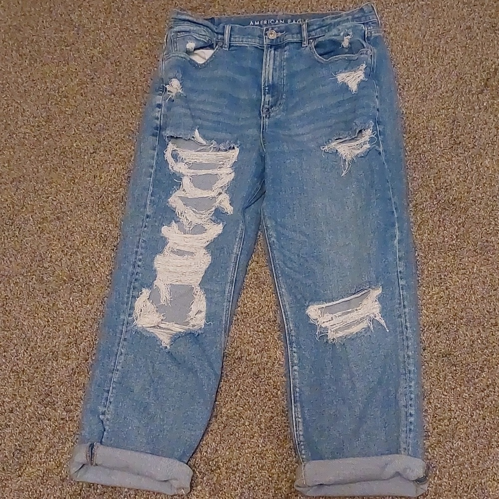 American Eagle Highest Rise 90s Boyfriend Distressed Ripped Jeans 14R - Picture 5 of 8